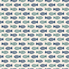 Fototapeta premium Modern Coastal Fish Pattern, hand drawn minimal nautical block print in blue, green and off white