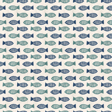 Modern Coastal Fish Pattern, hand drawn minimal nautical block print in blue, green and off white
