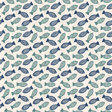Tossed fish Pattern, hand drawn, minimal modern coastal nautical block print in blue, green and off white