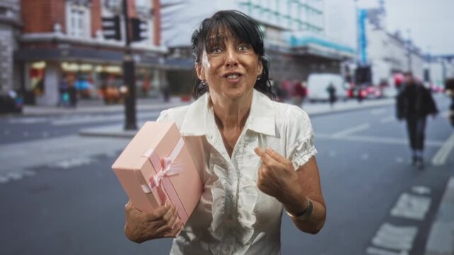 Senior hispanic woman holding pink gift box with ribbon, thumb pointing to chest and speaking with surprised face, wearing white ruffled blouse on a city street; surprise celebration.