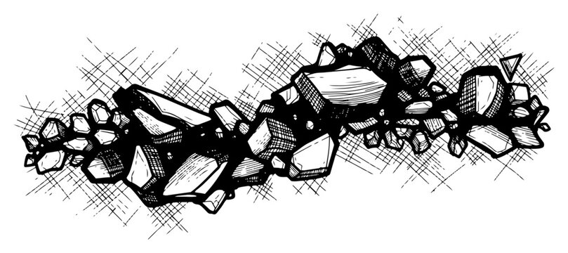 Cluster of floating broken rocks and shattered debris in hand drawn ink style