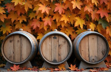 Fototapeta premium Three oak wine barrels sit in front of a vibrant autumn leaf display. Fallen leaves scatter the ground. Season bounty signals harvest and wine production season is here.
