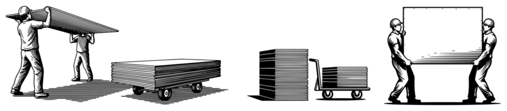 Hand drawn vector illustration of laborers carrying and moving construction materials on a work site