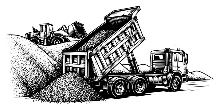 Detailed vector illustration of a dump truck unloading sand at a construction site in engraving style