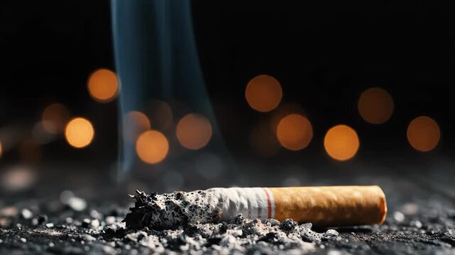 Smoldering cigarette on a dark surface with smoke