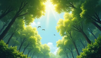 Naklejka premium Sunlight streams through vibrant green forest leaves creating a peaceful, natural scene. Birds fly in the bright blue sky above tall trees. Gentle light filters down.