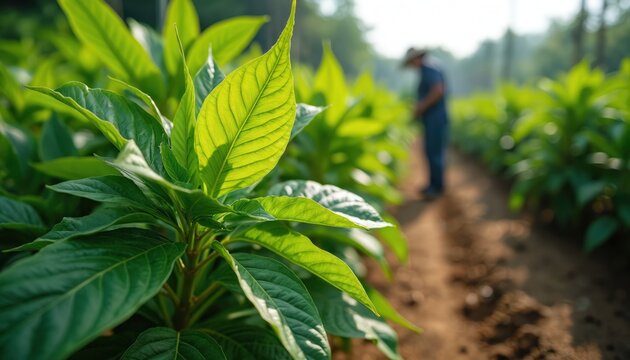 Close-up of lush green Kratom leaves in a sunlit nursery row. A farmer works in the background tending to the plants on a farm. Healthy vegetation grows naturally.