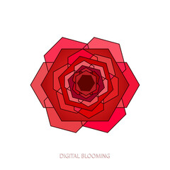 Rose digital symbol. Minimal geometric red flower logo with line ornament mandala - abstract outline vector design