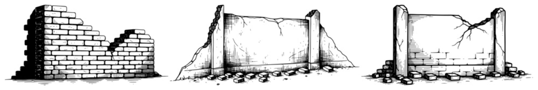 Set of ruined and broken wall sections with crumbled debris in sketch style