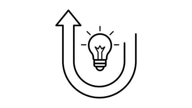 Business pivot and innovation vector icon illustration featuring a minimalist black line art light bulb inside a U-turn arrow pointing upwards, symbolizing strategic change and growth ideas.