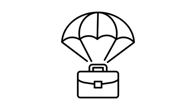 Minimalist black line vector icon illustration of a briefcase with a parachute, symbolizing a golden parachute exit strategy, corporate severance package, business safety net, and risk management.
