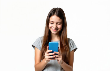 Fototapeta premium Young girl smiles while looking at blue phone screen. Happy teen uses mobile device for browsing or texting. Modern communication with tech on white background.