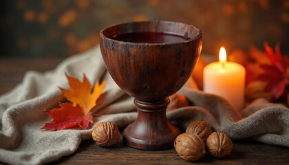 Fototapeta premium Wooden chalice with red wine sits beside lit candle and autumn leaves. Nuts and rustic cloth complete the cozy, indoor scene. Warmth, harvest, and tradition vibes.