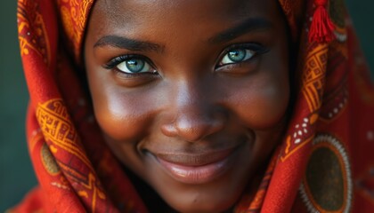 Close up of young african woman smiling warmly wearing traditional headscarf. Blue eyes sparkle with joy, warmth. Looks directly at camera with friendly gentle expression, radiating confidence, inner