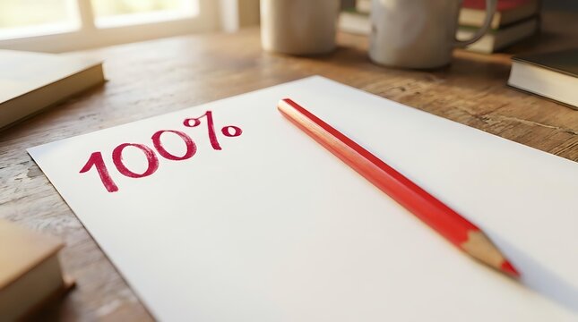 Red pencil on white paper showing 100% score in warm sunlit workspace environment for academic achievement and success concepts.