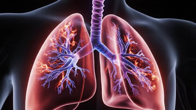 Human lungs with inflamed bronchial tree and abstract glow
