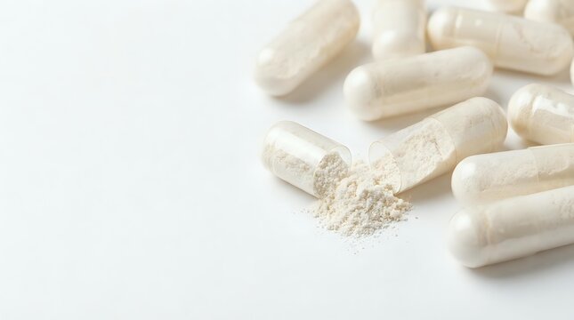 White capsules scattered on clean background with powder spilling from broken pill. Medical supplements and pharmaceutical products for health.