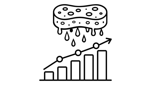 Market saturation vector icon illustration featuring a dripping sponge over a rising bar graph and arrow, representing economic peak, business growth limits, and resource depletion in line art.