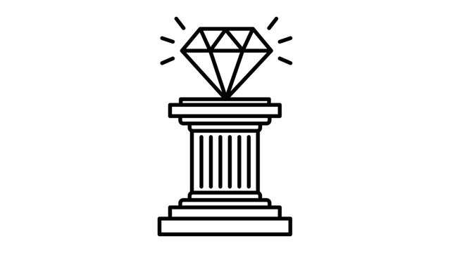 Value Proposition Concept: A minimalist black line vector icon of a shining diamond resting on a classic Greek column pedestal, symbolizing premium quality, luxury, and core business values.
