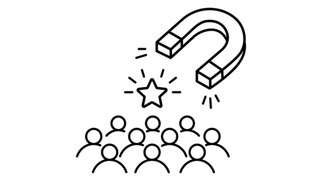 Talent Acquisition Vector Icon: A minimalist black line illustration on a white background showing a horseshoe magnet attracting a star from a group of people, representing recruitment and hiring.