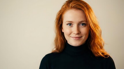 Fototapeta premium Young redhead woman with wavy hair wearing black turtleneck sweater smiling at camera against neutral beige background for professional headshot.