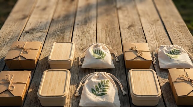 Eco-friendly wooden gift boxes with natural leaf decorations arranged on rustic wood surface for sustainable packaging and presentation.