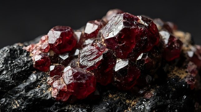 Raw red garnet crystals embedded in dark rock matrix showing natural mineral formation and geological specimen for collectors and educational use.