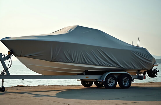 Motor boat is covered with grey tarp on trailer near sea. Boat is parked on shore for maintenance or storage. Transport vessel awaits water season.