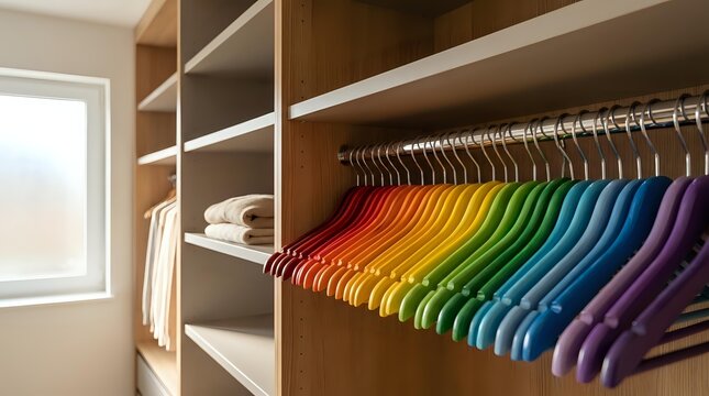Organized walk-in closet with rainbow colored hangers displaying clothes in spectrum order from red to purple on wooden shelving system.