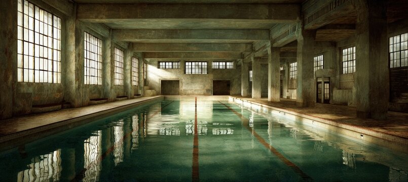 Panoramic Vintage Natatorium with Still Water and One Starting Block as Focal Point