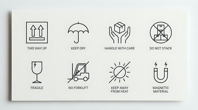Shipping and handling icons set with care instructions for fragile packages and logistics operations on white background.