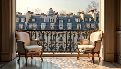 Obraz premium Two ornate chairs on a Paris balcony overlooking city rooftops and historic buildings. Sunlight casts shadows on the marble floor. Peaceful scene depicts luxury urban living and quiet contemplation.