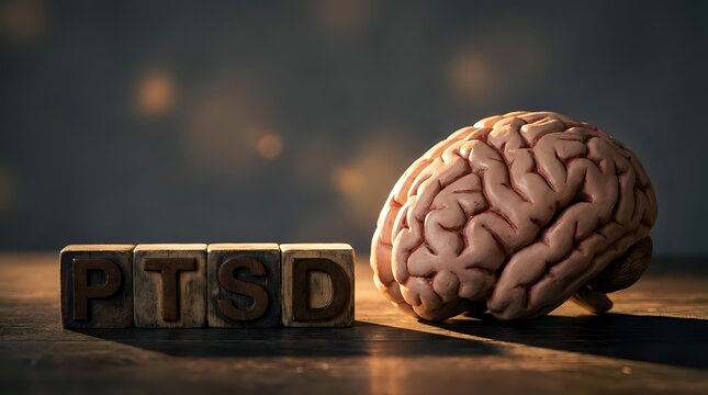 Human brain model next to wooden blocks spelling PTSD on dark background with warm lighting for medical education and mental health awareness.