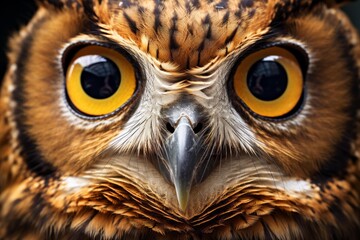 Naklejka premium Owl's face showing intense golden eyes and intricate feather details