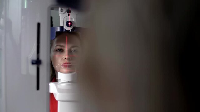 Young pretty girl does a face scan in a professional clinic. MRI