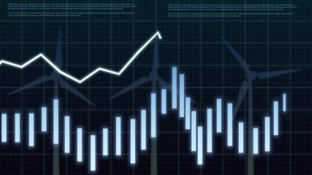 Renewable energy market analysis with wind turbines and financial charts