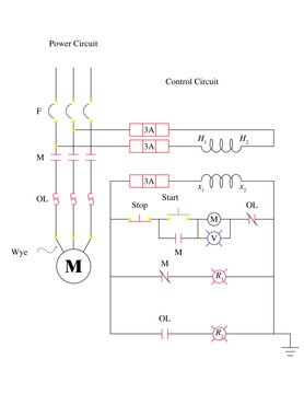 Industrial motor control center schematic with power and control circuits