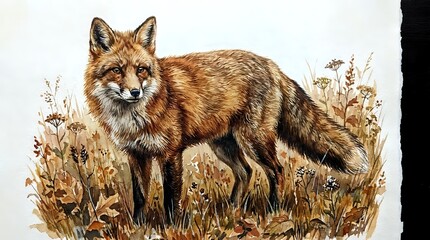 Obraz premium Red fox standing in autumn grassland with golden brown fur and alert expression in natural wildlife habitat.