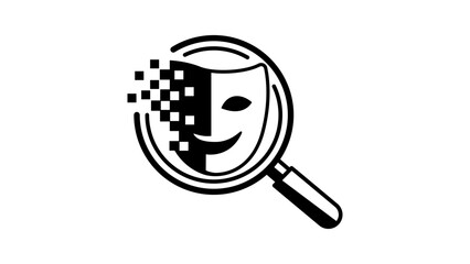 Deepfake detection vector icon illustration featuring a magnifying glass over a pixelated face mask, representing AI fraud prevention, digital security, and media verification on a white background.