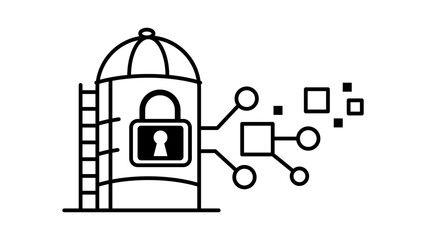 Minimalist black line vector icon of a data silo featuring a padlock and digital connection nodes, representing secure data storage, information isolation, database security, and tech silos. © Tapan
