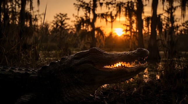 Alligator resting in wetland marsh during golden hour sunset with Spanish moss trees silhouetted against warm orange sky creating dramatic wildlife scene.