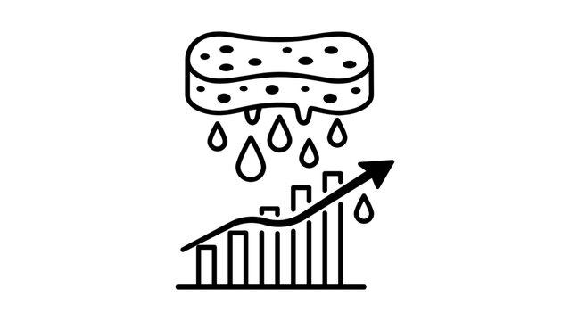 Market Saturation Vector Icon Illustration: A minimalist black line drawing of a dripping sponge over a rising bar chart, symbolizing economic overflow, business growth, and market capacity.