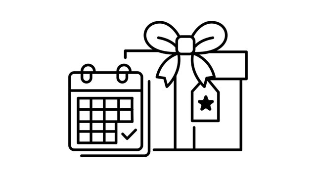 Minimalist Black Line Vector Icon Illustration of a Subscription Box with a Calendar and Checkmark, Representing Monthly Delivery, Recurring Gifts, Scheduled Orders, and Surprise Packages.