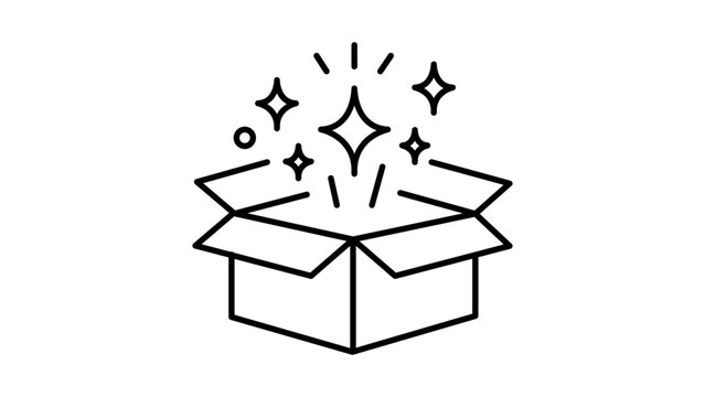 Minimalist black line vector icon of an open cardboard box with magic sparkles and stars coming out, representing a premium unboxing experience, surprise gift, or product delivery illustration.