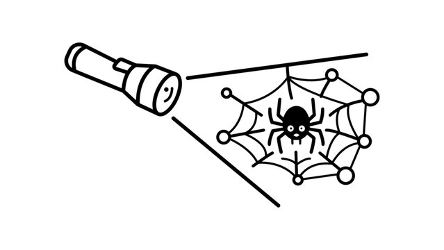 Dark Web Monitoring Minimalist Black Line Vector Icon Illustration; Flashlight Beam Illuminating a Spider in its Web on White Background, Representing Cybersecurity, Safety, and Cybercrime.