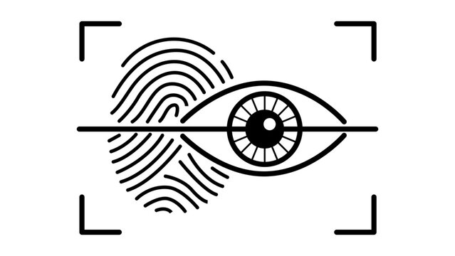 Biometric Authentication Vector Icon Illustration Featuring a Minimalist Black Line Fingerprint and Eye Iris Scan on a White Background for Digital Security, Identity Verification, and Access.