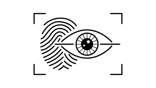 Biometric Authentication Vector Icon Illustration. Minimalist black line art design on white background featuring a fingerprint and eye iris scan within a viewfinder frame for digital security.
