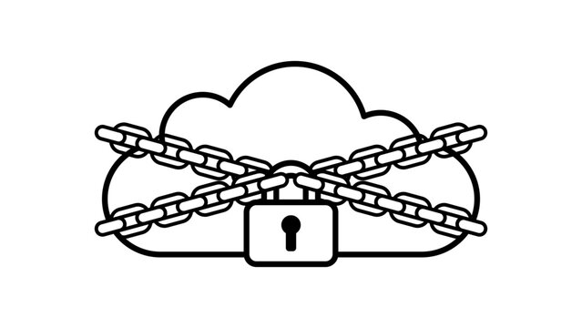 Cloud security vector icon illustration featuring a minimalist black line drawing of a cloud wrapped in metal chains and secured with a padlock on a white background for data protection concepts.