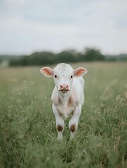 Fototapeta premium Young white calf standing in green meadow pasture with wildflowers under cloudy sky for agricultural and farming content.