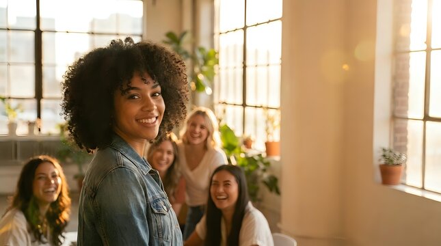 Happy African American woman with curly hair smiling in bright office space with diverse female colleagues in background during team meeting or workshop.